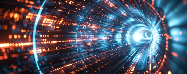 Fototapeta premium Futuristic digital tunnel with blue and orange lights and high-speed data flow