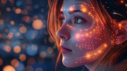 A woman with digital face paint glows in the dark with bokeh lights in the background, representing futuristic technology and digital art.