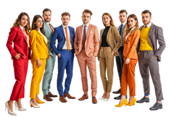 The Spectrum of Success: A vibrant team of professionals stand united, showcasing their individuality and collective strength in a kaleidoscope of colorful suits.