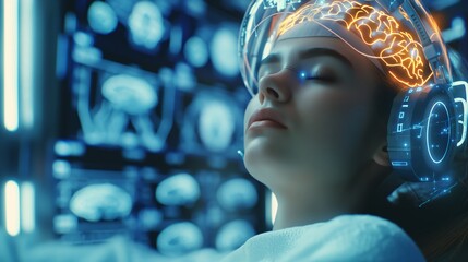 Woman wearing futuristic brainwave scanning helmet, eyes closed, surrounded by screens displaying neural activity, suggesting advanced technology.