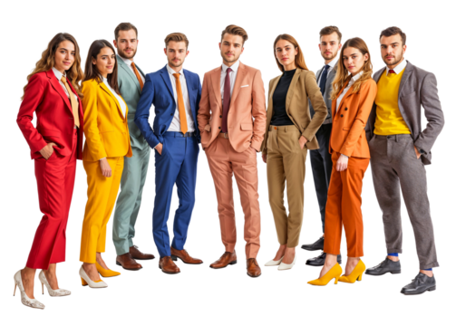 The Spectrum of Success: A vibrant team of professionals stand united, showcasing their individuality and collective strength in a kaleidoscope of colorful suits.