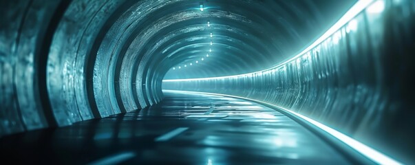 Fototapeta premium Futuristic curved tunnel with blue glowing lights and metallic walls sci-fi design