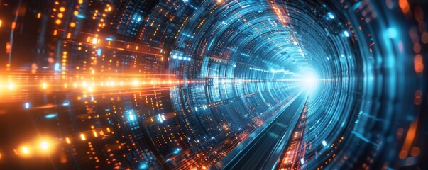 Fototapeta premium Futuristic tunnel with blue and orange glowing lights in a high-tech cyber design