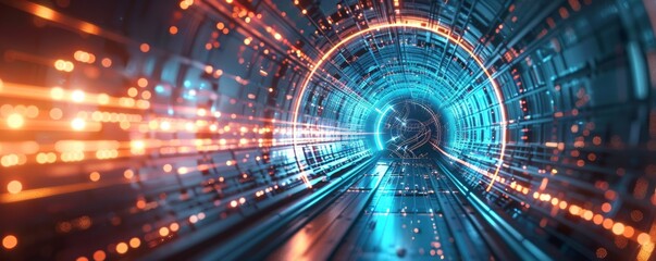 Obraz premium Futuristic tunnel with blue and orange digital lights and intricate circuitry sci-fi design