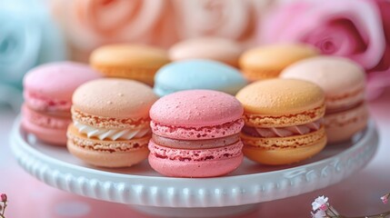 Obraz premium A platter of pastel-colored macarons is displayed with flowers in the background. The desserts are in shades of pink, blue, and orange