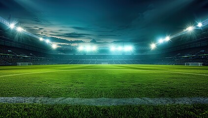 Soccer Stadium at Night with Lights on the Field, Wide Angle View, Photorealistic High Resolution, Cinematic and Hyper Realistic Professional Photograph