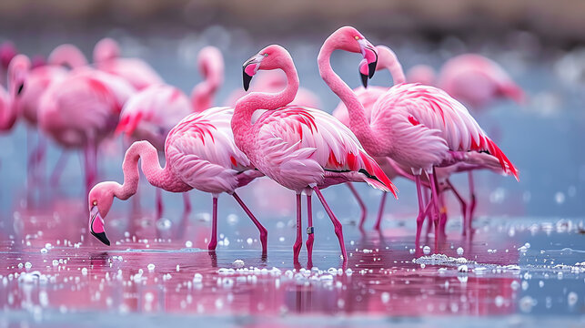 Pink Flamingos Foraging in Shallow Water During Daytime - Powered by Adobe