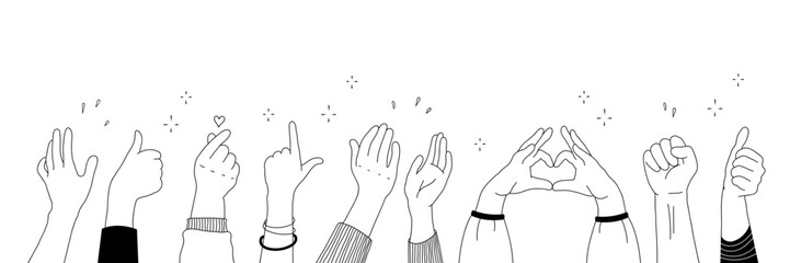Applause hands set in doodle style. Human hands sketch with arms raised in gestures like clapping, thumbs-up and heart-finger symbols on a white background, vector illustration.