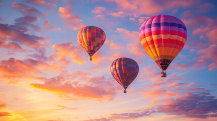 Naklejka premium Three Colorful Hot Air Balloons Floating at Sunset