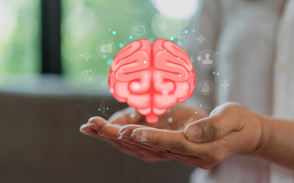 Human hand hold care brain health therapy, alzheimer, cancer, stroke, parkinson, disease, dementia, donation, surgery, cerebral haemorrage, encephalitis, insurance, hospital.world mental health day.