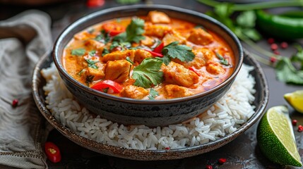 Bowl of spicy curry on rice with herbs, a classic and tasty dish. The colors are vibrant and the presentation is appetizing, inviting users to explore the recipe