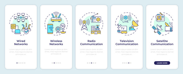 Forms of telecommunication onboarding mobile app screen. Walkthrough 5 steps editable graphic instructions with linear concepts. UI, UX, GUI template. Montserrat SemiBold, Regular fonts used