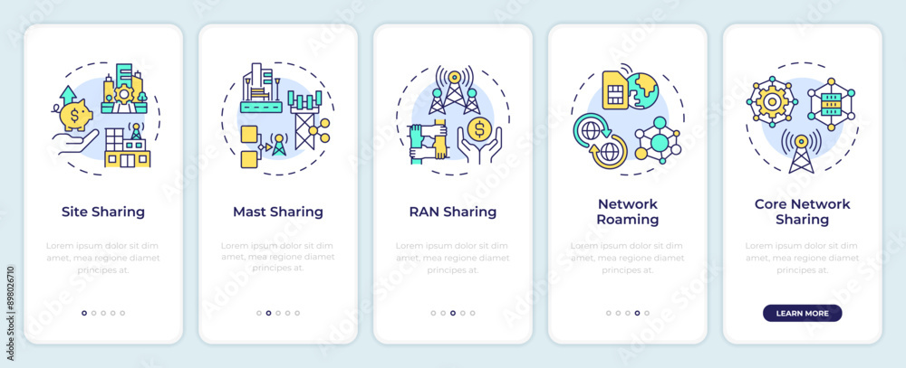 Poster telecom infrastructure sharing onboarding mobile app screen. walkthrough 5 steps editable graphic in