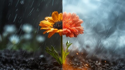 A flower blooms in contrasting weather, a split image showcasing rain on one side and sunshine on the other. It's meant to symbolize resilience in full bloom