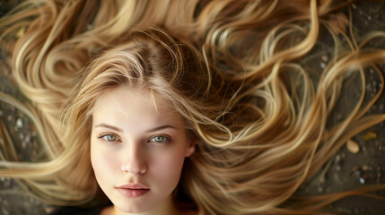 Naklejka premium Young beautiful woman with flowing blond hair and a top view.