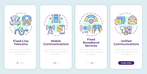 Telecom services onboarding mobile app screen. Walkthrough 4 steps editable graphic instructions with linear concepts. UI, UX, GUI template. Montserrat SemiBold, Regular fonts used