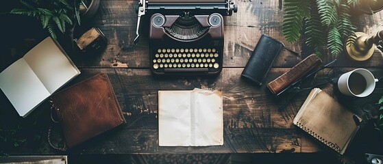 Artistic flat lay of a writers desk with a vintage typewriter, inspiring creativity in simplicity