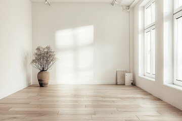 Obraz premium Minimalist interiors composition in plain colors with a large window, minimal furniture and copy space. Residential interiors design composition for Real Estate.