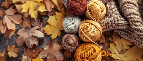 Cozy flat lay of autumn knitting essentials, capturing the warmth and simplicity of fall crafts