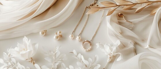 Flat lay of a simple, elegant bridal accessory set, embracing minimalism for the special day