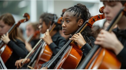 A student orchestra practices, with one young woman playing the cello in focus