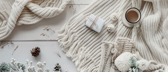 Fototapeta premium Cozy flat lay of winter essentials, embracing the warmth and simplicity of the season