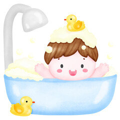 A baby having bath in a bathtub