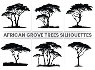African Tree Silhouettes Bundle: Baobab and Acacia Forest Family Trees Clipart Isolated. Elements for Your Design Works. Vector Illustration.