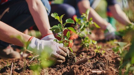 Community hands planting trees, symbolizing social responsibility and environmental care