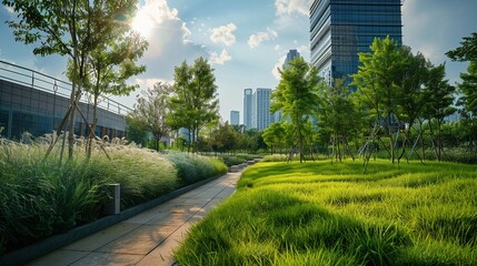 Naklejka premium Innovative urban green spaces, showcasing social responsibility in modern city planning