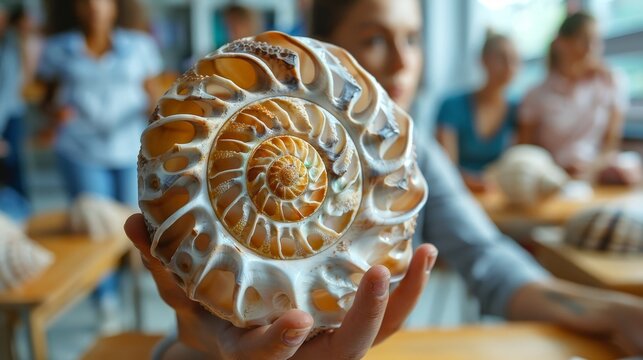 A teacher demonstrates the golden ratio in a math class, holding a nautilus shell cutaway to show the pattern inside. The shell has a visible spiral of ever increasing chambers