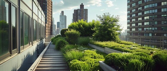 Soothing image of a green rooftop garden in an urban setting, exemplifying sustainable city living
