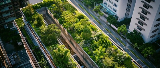 Soothing image of a green rooftop garden in an urban setting, exemplifying sustainable city living