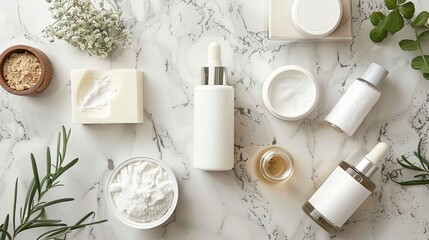 Serene flat lay of natural skincare products on a marble surface, highlighting organic beauty and aesthetic purity