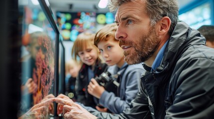 Fototapeta premium a teacher using a digital microscope to show microorganisms to the class --ar 16:9 --stylize 250 Job ID: 387d344b-3248-4e24-ab74-a9c6a1913fde
