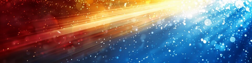 Obraz premium Asymmetrical Blue and Red Light Burst: Abstract Minimalist Concept with Radiant Beams on Dual-Toned Background. Enchanting Blue, Red, and Yellow Illumination Creating Celebratory Atmosphere. Festive 4