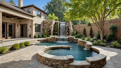 Luxury home courtyard with waterfall