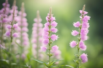 Fototapeta premium Obedient plant flower bokeh background, AI Generated