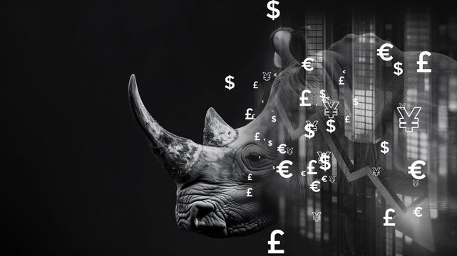 Rhinoceros with digital currency symbols in a dark