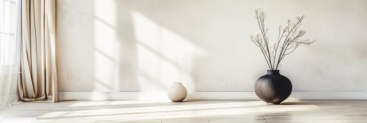 Minimalist interiors design composition with zen touches and neutral colors. Luxury oriental interiors with copy space.