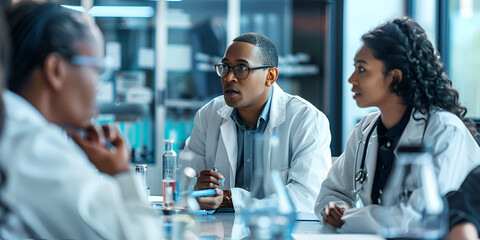 "Scientists in Intense Discussion, Collaborative Research in Laboratory"

