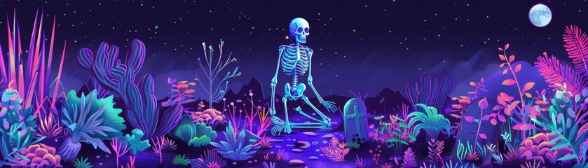 Skeleton in a graveyard surrounded by neon plants under moonlight with a cyberpunk aesthetic and vibrant colors