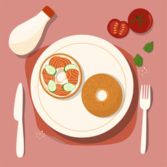 Sandwich bagels with salmon and cucumber vector illustration on plate 
