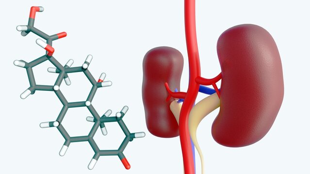 3D rendering of Cortisol steroid hormone molecule and kidney. Being stressed can harm your health, especially in your kidneys. 