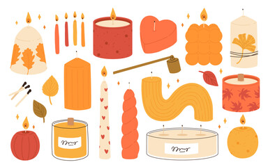 Various autumn Candles. Different shapes and sizes. Pillar, jar candle, square, container candle, heart shaped. Decorative fall wax candles with leaves and autumn elements. Matches, candle snuffer