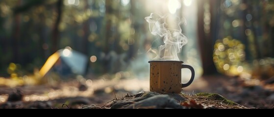 A steaming metal hot coffee mug on the forest floor, with a blurred background of tents and trees, captures the essence of camping.