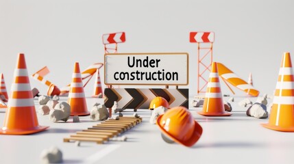 Under construction sign with traffic cones and hard hats on white background.