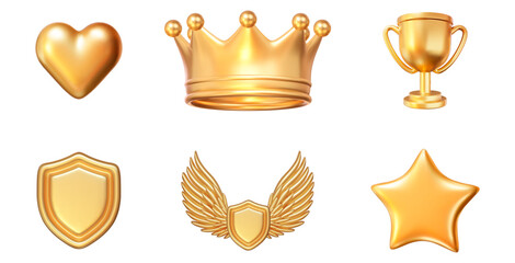 3d golden set of heart, crown, trophy cup, shield, wings, star. Stock vector illustration on isolated background.