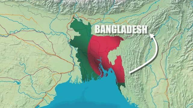 Map of Banladesh, zooming animation Banladesh map flag rotating With text Showing 4K Video Full HD