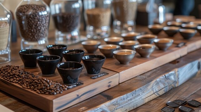 An arranged coffee-tasting flight featuring a variety of coffee beans and brewed samples in cups, highlighting different roast profiles and flavors.